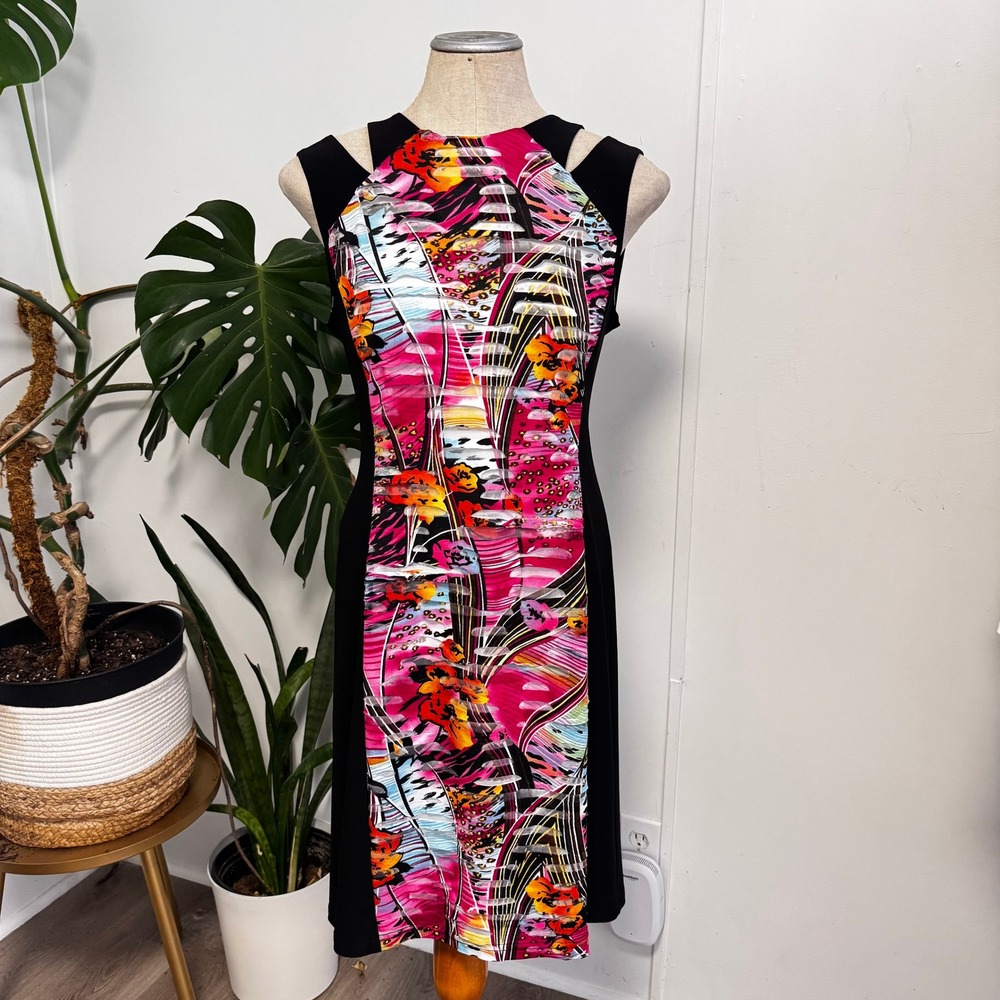 Joseph Ribkoff Sheath Dress Womens 12 Pink Black Abstract Floral Cutout Shoulder